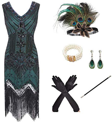 shoperama 20er Jahre Charleston Flapper Damen-Kostüm Grün/Schwarz Pailletten-Kleid mit Fransen und 5-TLG. Pfau Zubehör-Set, Größe:S