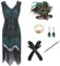 shoperama 20er Jahre Charleston Flapper Damen-Kostüm Grün/Schwarz Pailletten-Kleid mit Fransen und 5-TLG. Pfau Zubehör-Set, Größe:S