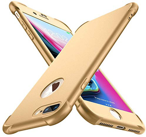 ORETECH Kompatibel mit iPhone 7 Plus Hülle, iPhone 8 Plus Hülle, mit [2X Displayschutzfolie] 360 Grad Stoßfest Dünn Schutzhülle Handyhülle Silikon Hart PC Case für iPhone 7 Plus 8 Plus 5,5-Gold