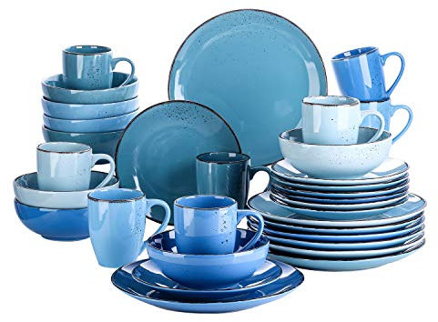 vancasso Navia Juego de Vajilla Completa de 32 Piezas, Juego de Vajilla de Gres, 8 Platos Llanos 8 Platos de Postre 8 Tazones de Cereales y 8 Taza de Café, Color Azul