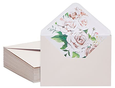 Briefumschläge, A7, mit Blumeneinsatz, für 12,7 x 17,8 cm Einladungen, Grußkarten, Hochzeiten (18 x 13 cm), Elfenbeinfarben, 50 Stück