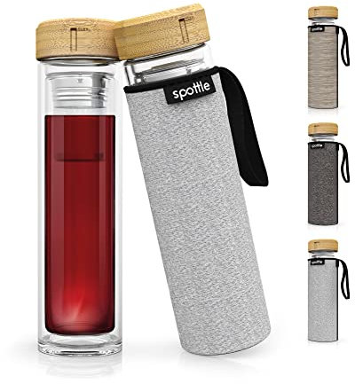 spottle Teeflasche mit sieb to go - Trinkflasche für Tee aus Glas in 500ml, 650ml, 1 Liter - Teekanne doppelwandig - Teezubereiter - Teebecher - Tea Bottle