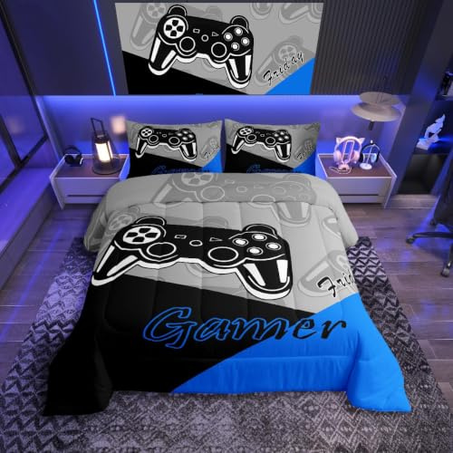 Loussiesd Gaming Comforter for Boys Teen Video Game Bedding Set for Kids Gamer Duvet Set for All Season Gamepad Home Decor for Double,1 Comforter Set with 2 Pillowcase Blue Black Grey