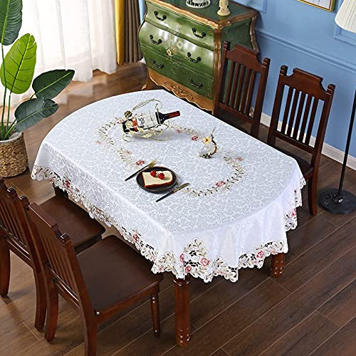 Yizunnu Weiße Vintage bestickte Spitzentischdecke, Rosa/Grau mit Blumenmuster, Luxus Cutwork Deckchen, oval(Rosa Blume, 150 x 220 cm)