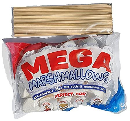 Mega Barbecue Marshmallows (600 g) avec brochettes en bambou pour barbecue, kit de fumage et pour griller au feu de camp