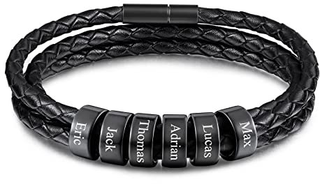 INBLUE Leder Armband Herren mit Gravur 2-6 Name ID Perlen Edelstahl Herren Schmuck Personalisierte Geschenke Frauen Freund Familie Vatertag Geburtstag