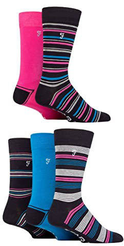 Farah Mens Bamboo Socks, Plain, Patterned, Striped, Argyle, Spotty Designs, Bright Colours, Gift for Him, Pack of 5 - Stripe Dark Navy/Cerise 6-11