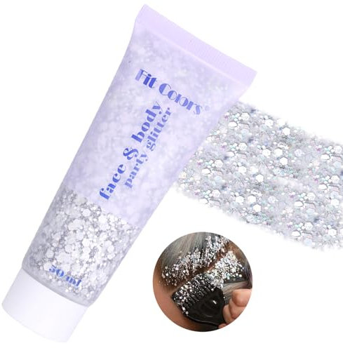 Body Glitter Gel Chunky Sequins Glitter Liquid Gel Festival Glitzer Gesicht Mermaid Pailletten Kosmetik für Haare, Gesicht, Körper, Nagel (Silber 50ml)