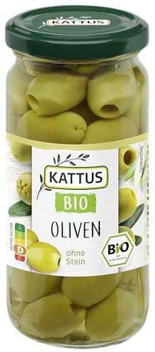 Kattus - Bio Grüne Oliven ohne Stein | 125 g im Glas | Griechische Oliven zum Verfeinern von Salaten oder Saucen, aus biologischem Anbau