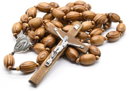 YITANA Rosario da parete con perline in legno di pino, rosario da appendere alla parete, rosario con croce oversize, Legno, Senza pietra