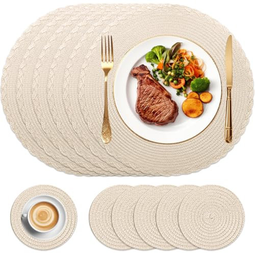 HEYOMART Round Placemats and Coasters Set of 6, Braided Woven Placemats Washable Heat Resistant Table Mats for Kitchen Dining Table Home Restaurant, Apricot
