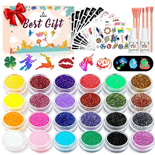 Acebwhtoy Glitzertattoos Kinder Set, 24 Farben Glitzer Tattoo Set Kinder, 18 Stück Temporäre Tattoo Schablonen mit 224+ Muster Stencils für Mädchen Jungs,Geschenk für Geburtstagsparty