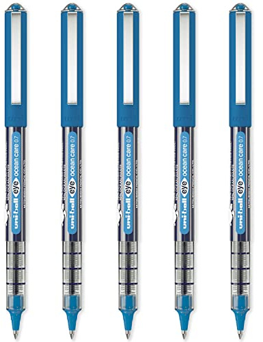 uni-ball Eye Ocean Care UB-157 ROP Bolígrafos, punta fina de 0,7 mm, para escribir, dibujar, arte, manualidades y colorear, paquete de 5, tinta azul