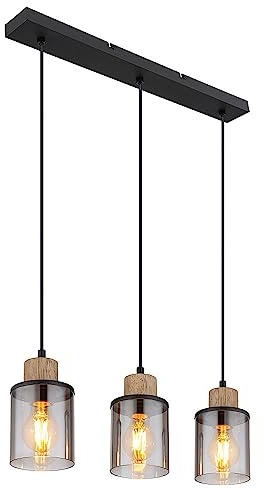 Pendellampe Esstischleuchte Hängelampe Wohnzimmer 3 flammig, Metall schwarz Holz braun Glas rauch, 3x E27, LxH 55x 120 cm
