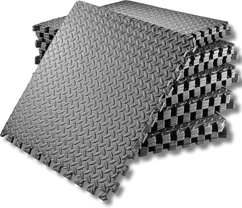 SAKUSEI Tools 60x60x1cm Soft Interlocking Gym Flooring - Heavy Duty EVA Foam Floor Mat for Home Gym, Yoga, Garage, Non-Slip. (Black, 24 Mats (96 sq ft.))