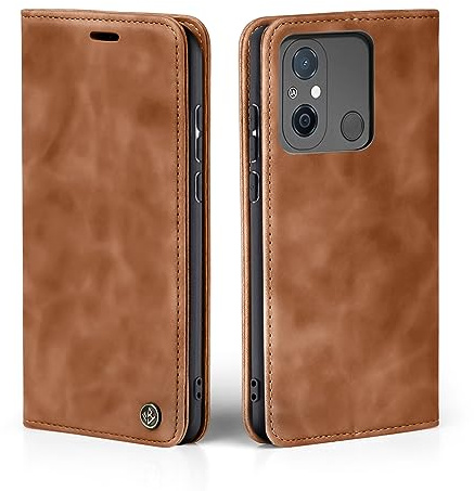 LBH Handyhülle für Xiaomi Redmi 12C in Hellbraun mit Karten- und Geldfach Smartphone Hülle mit Standfunktion Flip Case Schutzhülle Magnetverschluss Vintage