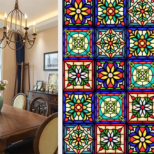 Cachpib Fensterfolie Bunt Sichtschutz Selbstklebend Fenster Retro Blumenmuster Fensteraufkleber Statisch Glasfolie Fensterfolie für Zuhause, Badezimmer, 45 x 100 cm