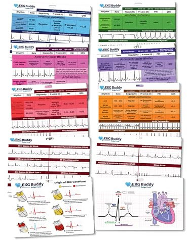 EKG Buddy Interpretationsabzeichen-Set Mit 5 Karten – Doppelseitige Krankenschwester-Karten, Leitfaden für Rhythmus, Spickzettel, Telemetrie-Streifen für ACLS, Medizinische Herzreferenz