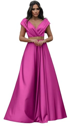 Generico Abito Donna Lungo Scollo Cuore Cintura Elegante Cerimonia Damigella Fucsia/Taglia Unica