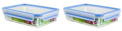 Emsa 508542 Clip & Close | Rechteckige Frischhaltedose | mit Deckel | 1.2 Liter | 100% Dicht | Transparent/Blau (Packung mit 2)