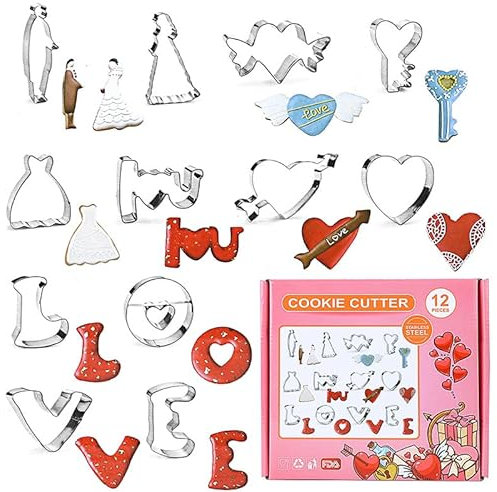 RUIYWEN 12 Formine per Biscotti Amore LOVE Stampini in Acciaio Inossidabile per Biscotti Torte Fondant Cioccolato Tagliabiscotti Matrimonio San Valentino