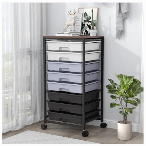 SYKIARIOL Badrollwagen Rollwagen mit 8 Schubladen, Schubladenwagen Rollcontainer mit Holztischplatte für Wohnzimmer Schlafzimmer Büro, großes Fassungsvermögen Bastelwagen, Gray