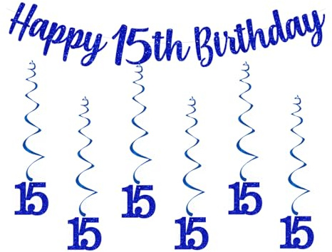 Bng-Bng 15. Geburtstag Dekorationen - Blau 15 Banner mit Wimpelkette, Banner, Wirbel, Luftschlangen für Jungen 15. Geburtstag Party Dekor