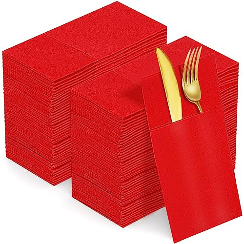 KAMMAK Einweg-Servietten mit Tasche, rot, Premium-Papierservietten, Leinengefühl, Weihnachts-Servietten, vorgefaltet, weich und saugfähig, 100 Stück, Papierhandtuch für Hochzeit, Party, Küche, 42 x 42