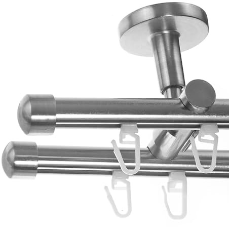 BASIT Gardinenstange Innenlauf Edelstahllook 16mm 2-läufig Decke 180cm D80 | Gardinenstangenset doppelläufig Deckenmontage Metall Vorhangstange Deckenhalterung 120-600cm wählbar Kappe E17