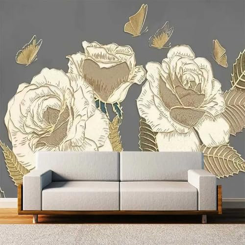 Kitquiver 3D Fleur Rose Dorée Papier Peint 3D Papier Peint Mural Auto-Adhésif Avec Plantes En Relief, Revêtement Mural De Fond De Salon, Papier Peint De Marché 150x105cm