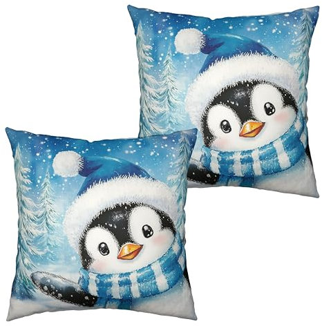 Kwlegh Schöner Pinguin-Kissenbezug, 45,7 x 45,7 cm, für Winter, Baumwolle, Leinen, für Urlaub, Dekoration, Couch, Outdoor, Wohnzimmer, Blau, 2 Stück