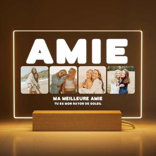 Greatminer Cadeau Personnalisé Amie avec Photo et Dédicace - Cadre Photo Personnalisé - Cadeau Anniversaire - Verre Acrylique 18x14 cm avec Option de Socle LED