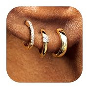 Roheafer 3 Paare Kleine Chunky Creolen Set für Damen - 14K Gold Vergoldet Sterling Silber CZ Huggie Ohrringe für Mehrere Piercing, Hypoallergen und Leicht