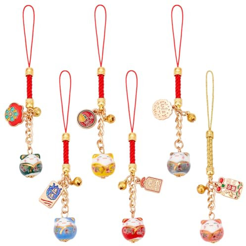 WEBEEDY 6 Styles Chat Chanceux Porte Clés Pendentif Japonais Maneki Neko Chat Charme pour Téléphone Fengshui Fortune Chat Chanceux Pendentif Charms pour Sac à Main Porte Clés Décoration (12cm)