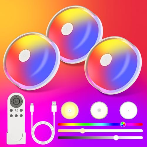 Rechargeable Shower Light, 15 Color Changing Bathroom Ceiling Light No Wiring, Mood Lights with Remote Dimmable, 2400mAh Battery Powered Night Light for Bathroom Closet Bedroom Livingroom, 3 Pack