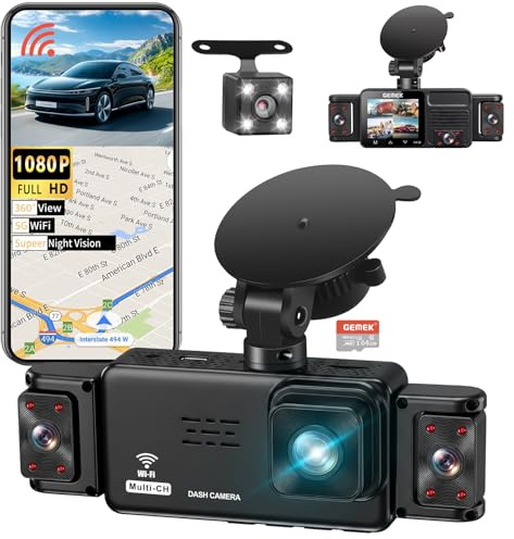 5 Channel Dash Cam 360° View 5G WiFi & APP Control, GEMEK 2K Front and Rear Inside, Left Right Dash Camera for Cars Free 64GB TF Card, G-Sensor, Night Vision, 24H Parking Mode