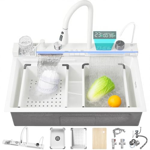 Ribanedy 80 cm Bianco Lavello da cucina intelligente in acciaio inossidabile 304, lavello moderno multifunzionale a cascata con rubinetto integrato con display digitale, lavatazze e set di accessori