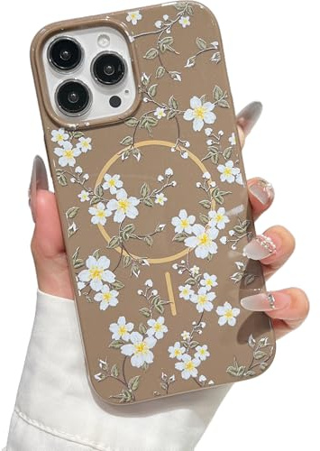 ZTOFERA Magnetisch Hülle für iPhone 13 Pro Max, Blume Blumen Muster Glitzer Weich TPU Schlank Stoßstange Stoßsicher Schutzmaßnahmen Handyhülle, Weiß Blume Braun