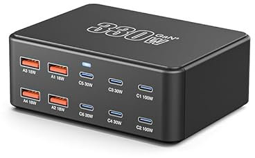 330W 10-Port USB Charging Station, PD 100W 65W 45W 30W 20W 18W USB C GaN III Charger Laptop & Phone Fast Charger Plug, Compatible with MacBook Pro/Air,Dell XPS, iPhone 15/16/14/ Pro, iPads, Steam Deck