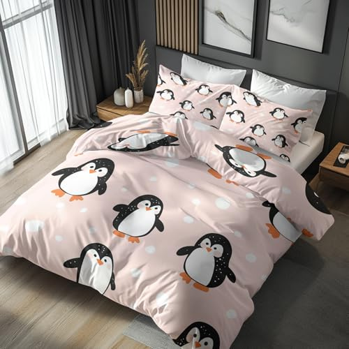 NOGAWA Bettwäsche 135x200 Pinguin - Cartoon Bettbezug 135x200 2er Set, Weich & Bügelfrei Mikrofaser Bettwäsche-Sets, Wendebettwäsche mit Reißverschluss und 1 Kissenbezug 80x80