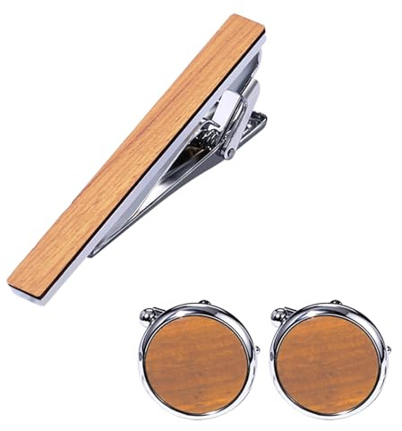 Cupimatch Manschettenknöpfe und Krawattenklammer Set: Vintage 1 Paar Runde Manchettenknoepfe und Krawattennadel Herren Holzschmuck Geschenk für Männer Vater Freund, Hellbraun