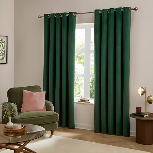 furn. The Ultimate Velvet Eyelet Curtains (Green-168x183cm) | Soft Stylish Light Filtering Matte Velvet Curtain Pair