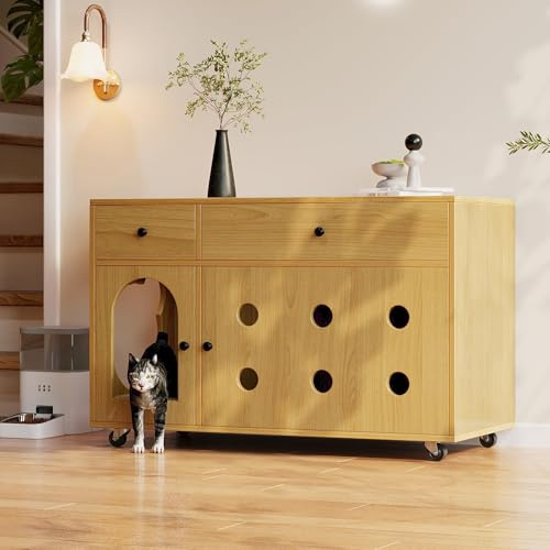 Physport Katzenkloschrank (bewegliche Katzentoilette) – Katzenschrank/Katzenhaus mit abnehmbare Sandablassplatte, geruchsisoliert, ohne Katzenklo, 100×45×66 cm (Naturholzfarbe, Gelbmaplefarbe)