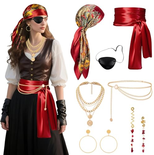 SREBIWO 8 Stück Piratenkostüm Zubehör Damen Set, Piraten Kostüm Frauen Piratenschmuck mit Pirat Kopftuch Augenklappe Ohrringe Halskette Taillengürtel Taillenkette für Karneval Cosplay Party (B)