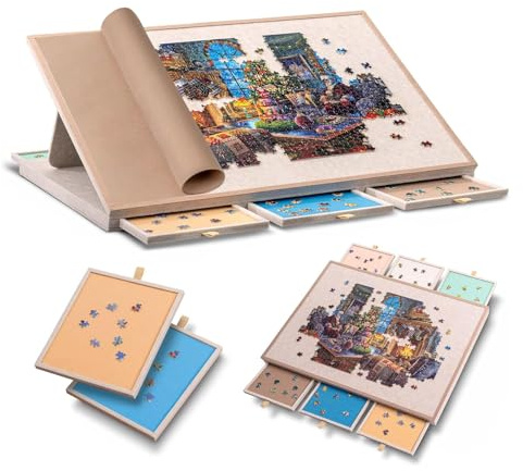 Puzzletisch 1000 Teile mit 6 Filz Sortierfächern – Kippbares Puzzlebrett mit Ständer & Abdeckung - Leicht Puzzle Board Ideal für Puzzle-Liebhaber