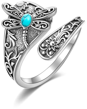 CUPENDA Libellen Ring 925 Sterlingsilber Libelle Türkis Löffel Ring Verstellbar Vintage Sonnenblume Blumenmuster Daumen Antiker Boho Schmuck für Damen Ehefrau Mutter Tier Liebhaber