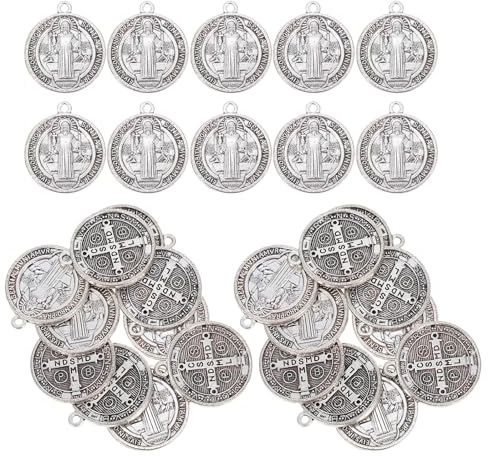 WRITWAA 30 Stück Katholische Medaillen Anhänger aus Oxidiertem Silber Metall Kreuzanhänger für Rosenkranzarmband Spiritueller Schutz Italienische Handwerkskunst