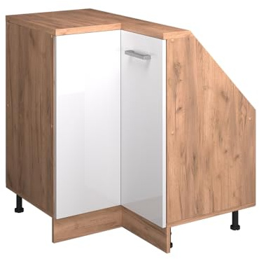 Vicco Dachschrägen-Eckschrank Rion, Weiß Hochglanz/Goldkraft Eiche | B75.6 x T46 cm, mit 1 Tür, platzsparend für Dachschrägen