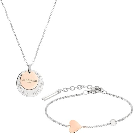 LIEBESKIND BERLIN Schmuck-Set - Halskette mit zwei Coins und Armband mit Herz-Anhänger - Bicolor Silber/IP Roségold - Gliederkette verstellbar bis 45 cm - wasserfest & hautfreundlich