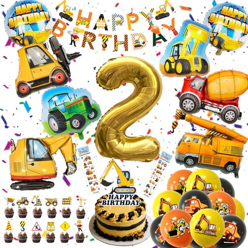 Bagger Geburtstag Deko 2 Jahre, Baufahrzeug Party Luftballons Set | Folienballon Bagger Traktor & Nummer 2, Latexballons Girlande Kuchen Deko & Sticker, für Kindergeburtstag Baustelle Thema
